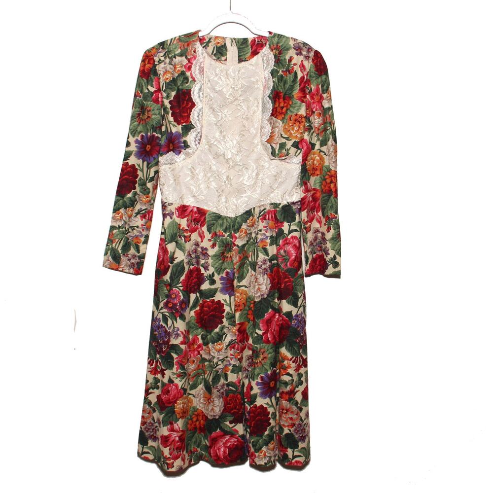 Handmade Vintage Cottagecore Floral Midi Dress with Lace Bib Small